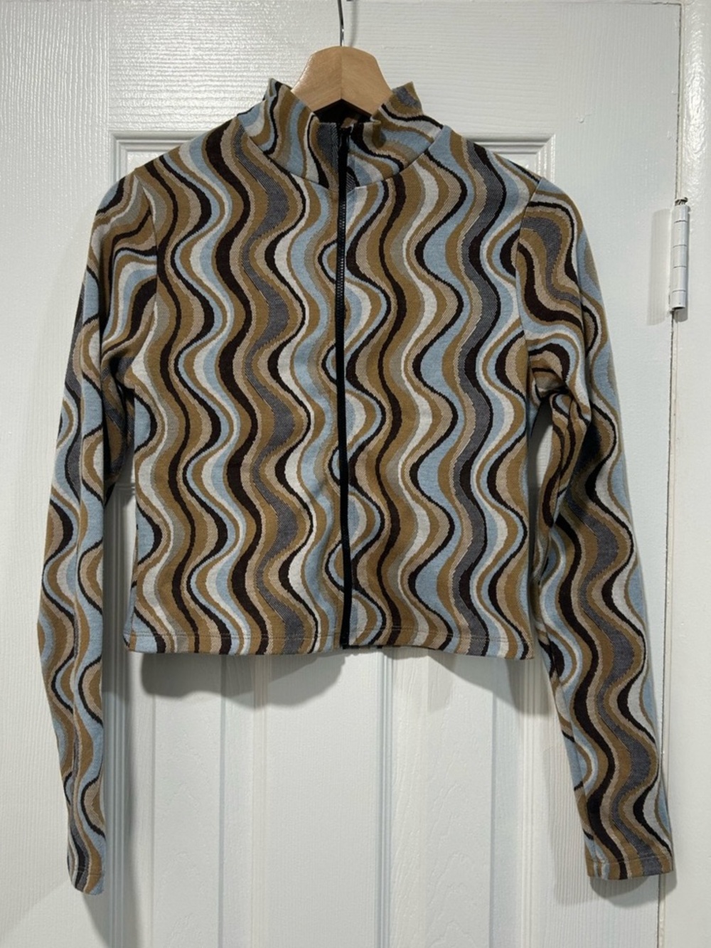 STR Retro Abstract Wave Zip Jacket Long Sleeve Top in Brown & Blue Size Medium
